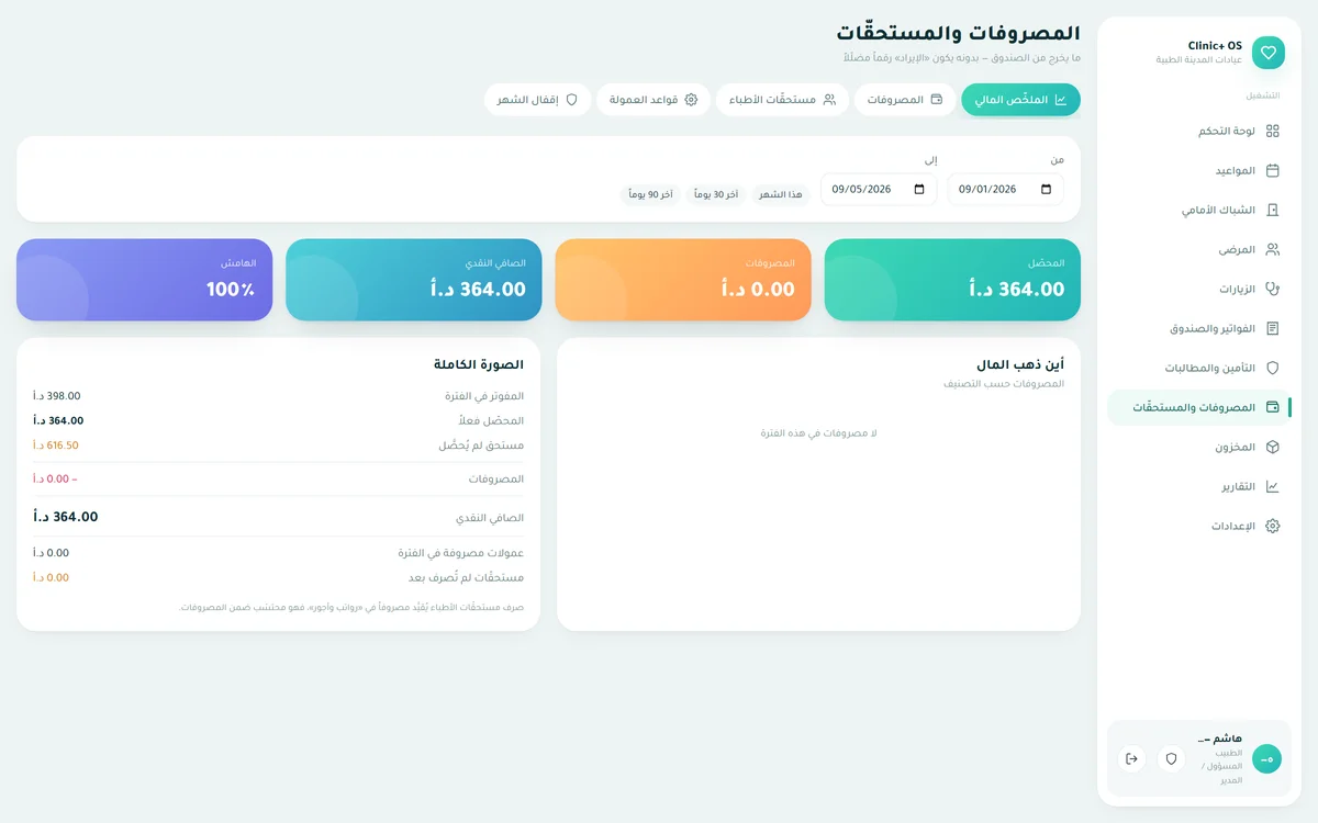 المصروفات والمستحقّات — مصروفات بتصنيفاتها، قواعد عمولة الأطبّاء ومستحقّاتهم، وإقفال الشهر المحاسبيّ